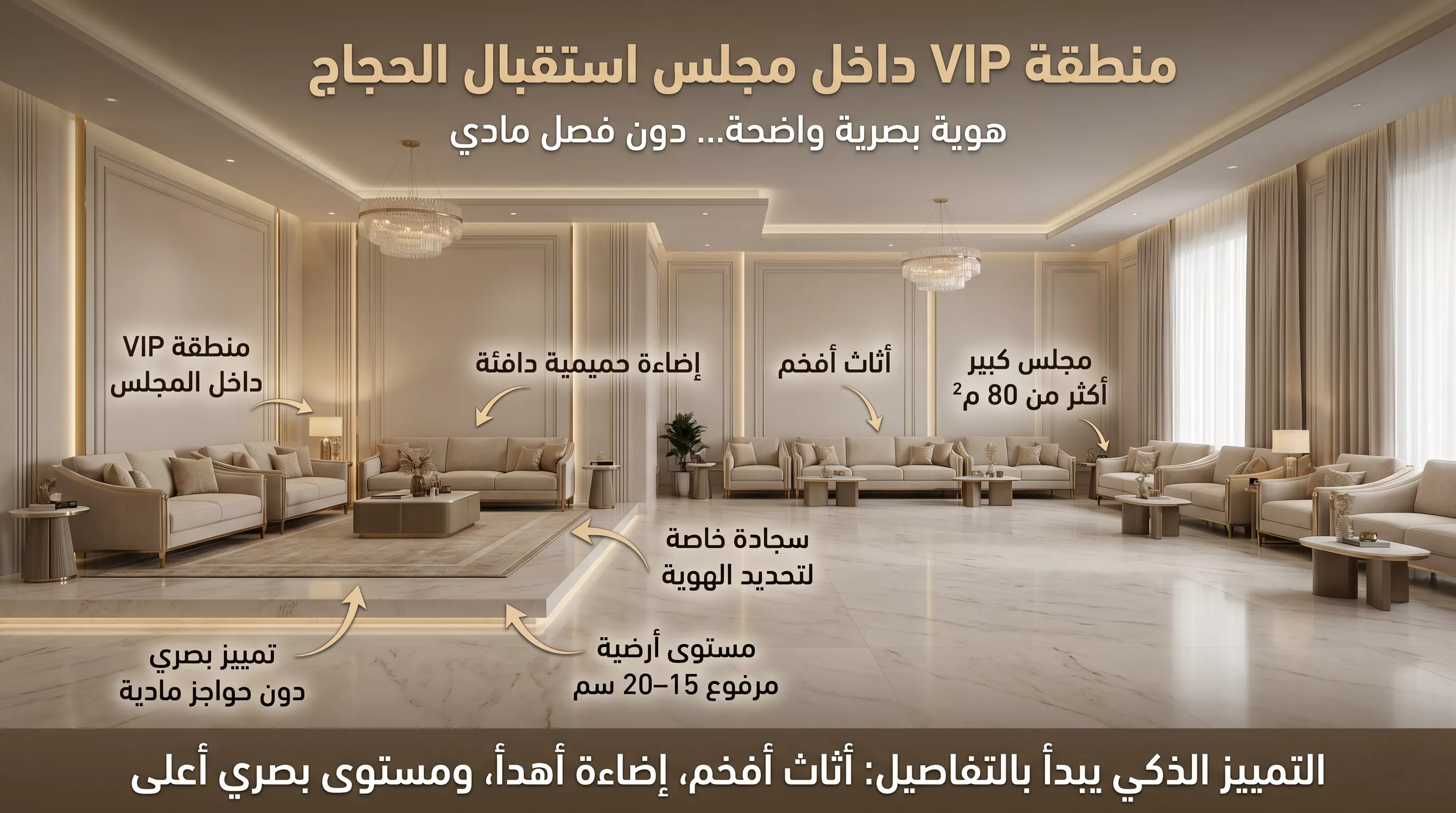 Luxurious design for the VIP area within the Hajj reception hall, with plush furniture, intimate lighting, a special carpet, and a raised, barrier-free floor platform.